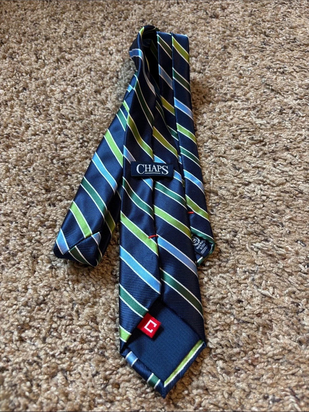 Chaps Navy Tie with Blue and Green Diagonal Stripes